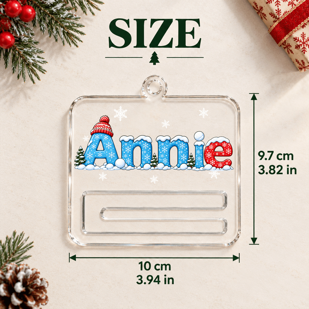 Colgante personalizado de acrílico para pinza de billetes con motivo navideño de muñeco de nieve y copos de nieve, con nombre; regalo de Navidad para la familia 7