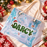Borsa tote trasparente personalizzata a tema natalizio con fiocchi di neve, campanellino, lettere glitterate e effetto olografico, con nome: regalo di Natale per donne e ragazze 1
