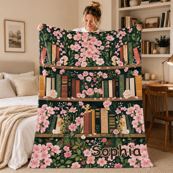 Manta suave personalizada para estantería con diseño vintage de la flor del mes de nacimiento y nombre; decoración para el hogar y regalo de cumpleaños para amantes de los libros y lectores