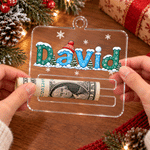 Colgante personalizado de acrílico para pinza de billetes con motivo navideño de muñeco de nieve y copos de nieve, con nombre; regalo de Navidad para la familia 3