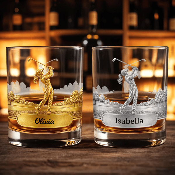 Personalised Funny Female Golfer Swing 10 oz Whisky Glass with Name Golf Club Birthday Gift for Women Golfers