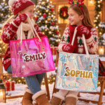 Borsa tote trasparente personalizzata a tema natalizio con fiocchi di neve, campanellino, lettere glitterate e effetto olografico, con nome: regalo di Natale per donne e ragazze 3