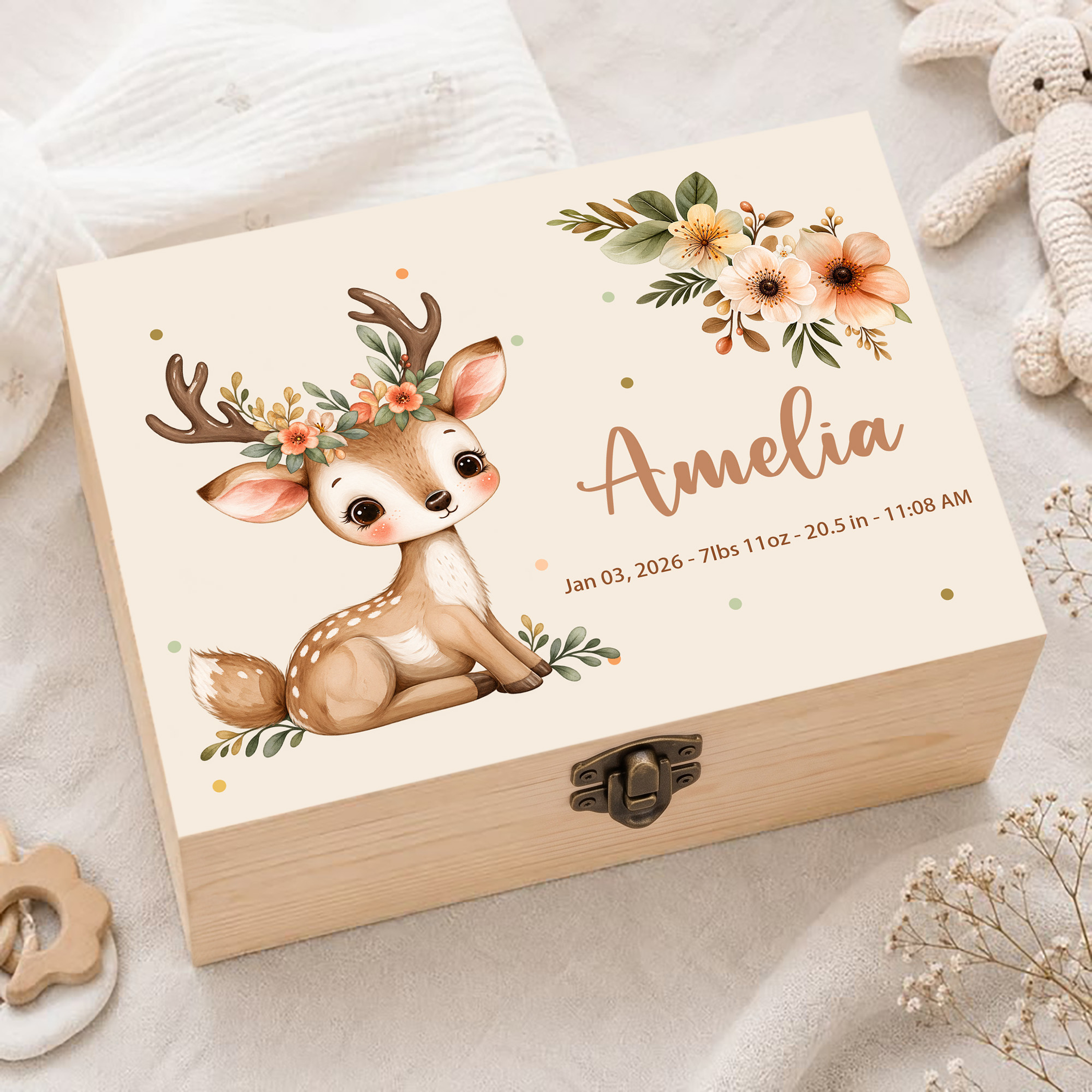Individuell gestaltete Aufbewahrungsbox aus Holz mit Aquarellmotiv, Blumen, Wald und Cartoon-Tieren, mit Namen und Text – Geschenk zur Babyparty oder zum Geburtstag für Neugeborene