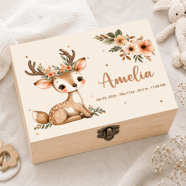 Scatola portaoggetti in legno personalizzata con motivi floreali, boschivi e animali in stile acquerello, con nome e testo: regalo per baby shower e compleanno per neonati