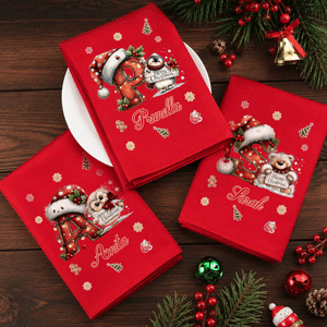 Serviette de table rouge personnalisée 100 % coton, motif vintage « Hérisson et renard » avec initiale, idéale comme décoration de table ou cadeau de Noël pour la famille et les amis