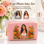 1. Personalized Birth Flower Portrait Photo PU Leather Makeup Bag with Name Daily Use Birthday Gift for Girls Women