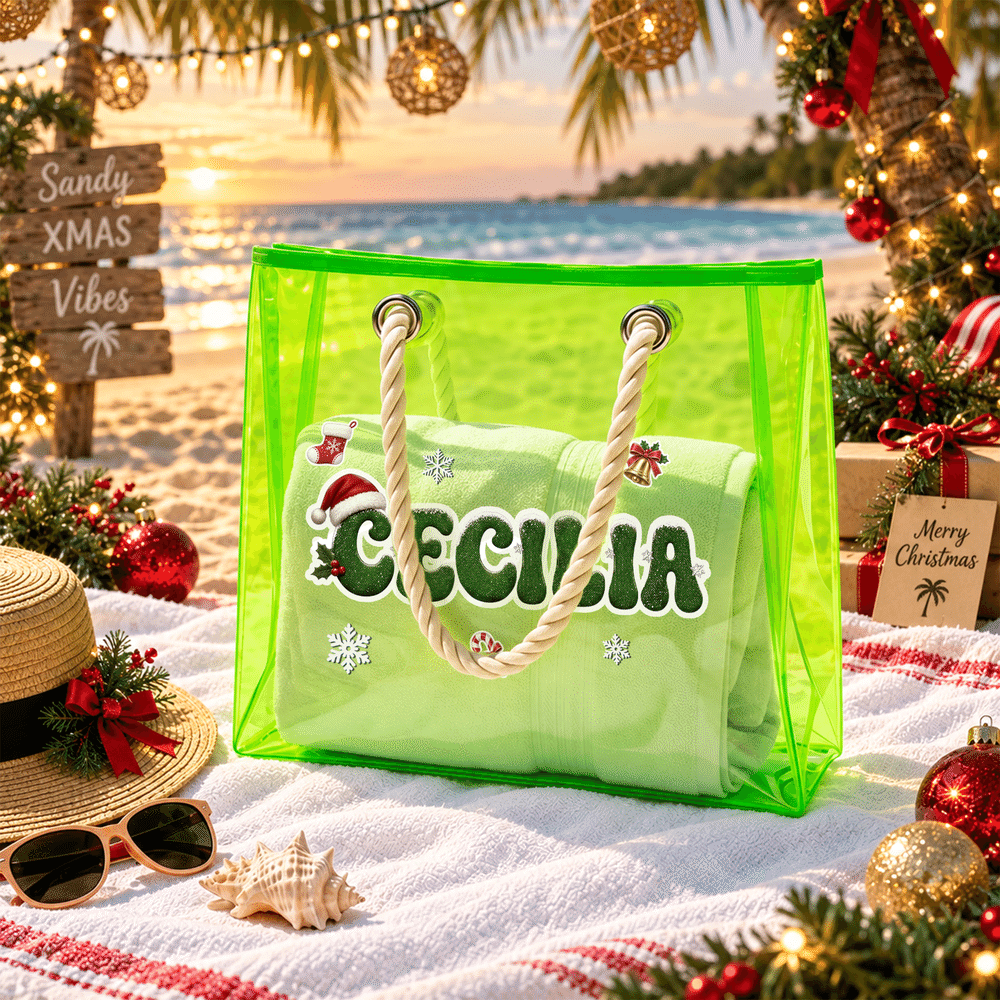 Borsa tote trasparente personalizzata a tema natalizio con fiocchi di neve, campanellino, lettere glitterate e effetto olografico, con nome: regalo di Natale per donne e ragazze 4