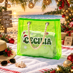 Borsa tote trasparente personalizzata a tema natalizio con fiocchi di neve, campanellino, lettere glitterate e effetto olografico, con nome: regalo di Natale per donne e ragazze 4