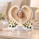 Placa de acrílico transparente personalizada con una foto de familiares y alas de ángel, con nombre, como regalo de condolencia por la pérdida de un padre, una madre o un familiar