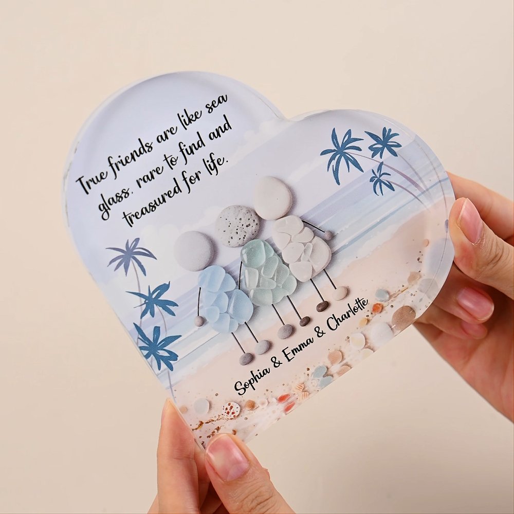 Personalized 3D-Effect Artwork Sea Glass Inspired Beach Heart-Shaped Acrylic Plaque with Text Birthday Friendship Gift for Sisters Friends Bestie 4