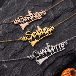 Personalized Witch Hat Magic Broom Gothic Sterling Silver Necklace with Name Halloween Gift for Teen Girls Women