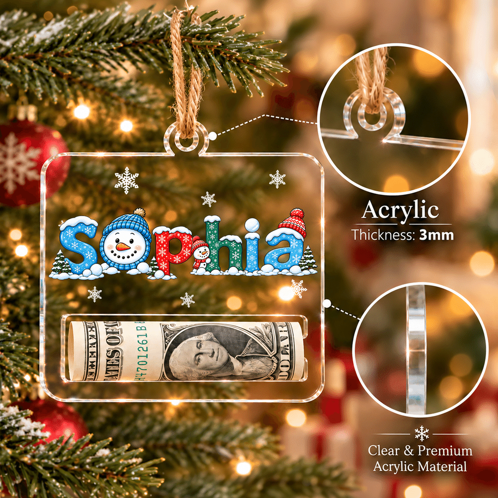 Colgante personalizado de acrílico para pinza de billetes con motivo navideño de muñeco de nieve y copos de nieve, con nombre; regalo de Navidad para la familia 6