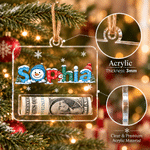Colgante personalizado de acrílico para pinza de billetes con motivo navideño de muñeco de nieve y copos de nieve, con nombre; regalo de Navidad para la familia 6