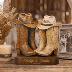 Personalised Western Cowboy Boots Mr and Mrs Layered Wooden Decoration with Name and Date Wedding Anniversary Gift for Bride Groom