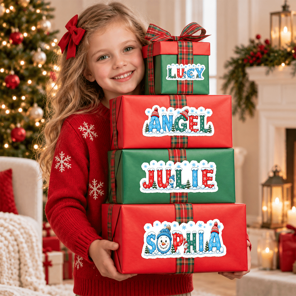Personalized Snowman Snowflake Self-Adhesive Sticking Sticker Sheets Christmas Labels with Name Party Christmas Gift for Kids 3