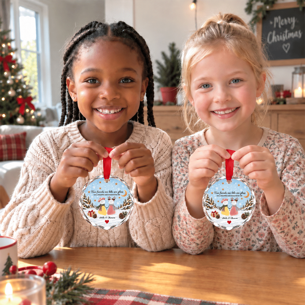 Personlig «True Friends Are Like Sea Glass»-hjerteformet, rund julepynt med navn – julegave til bestevenner 7