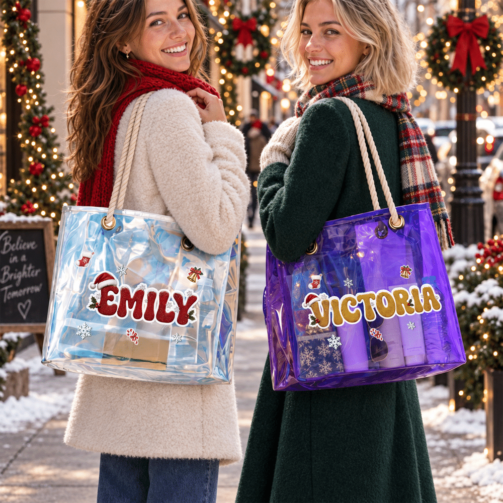 Borsa tote trasparente personalizzata a tema natalizio con fiocchi di neve, campanellino, lettere glitterate e effetto olografico, con nome: regalo di Natale per donne e ragazze 6