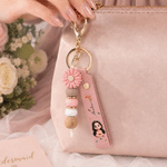 Personalised Birth Flower Photo Design PU Leather Keyring with  Name and Daisy Bead Pendant Wedding Party Birthday Gift for Bridesmaids Women 3