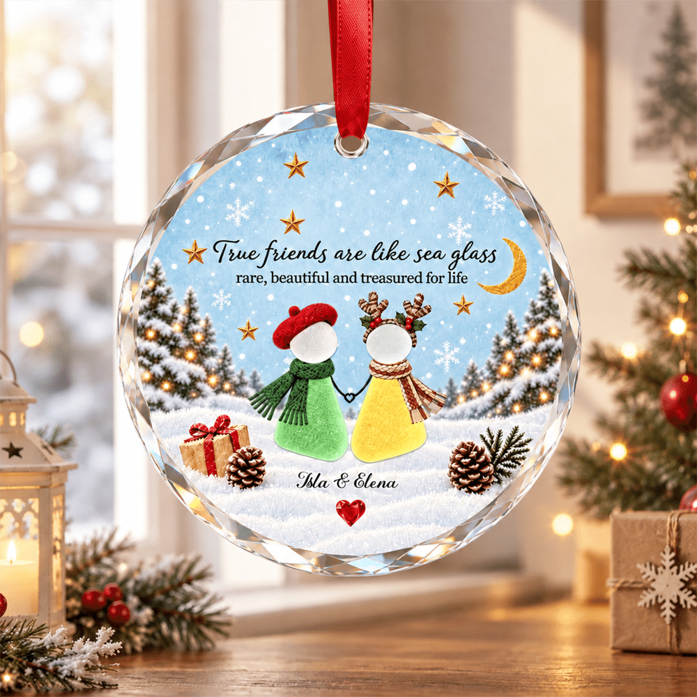 Personlig «True Friends Are Like Sea Glass»-hjerteformet, rund julepynt med navn – julegave til bestevenner 6