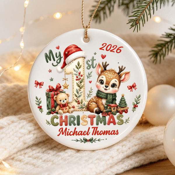 Personalised Cute Reindeer My 1st Christmas Design Ceramic Ornament with Name and Year Christmas Tree Decor Christmas Gift for Newborns