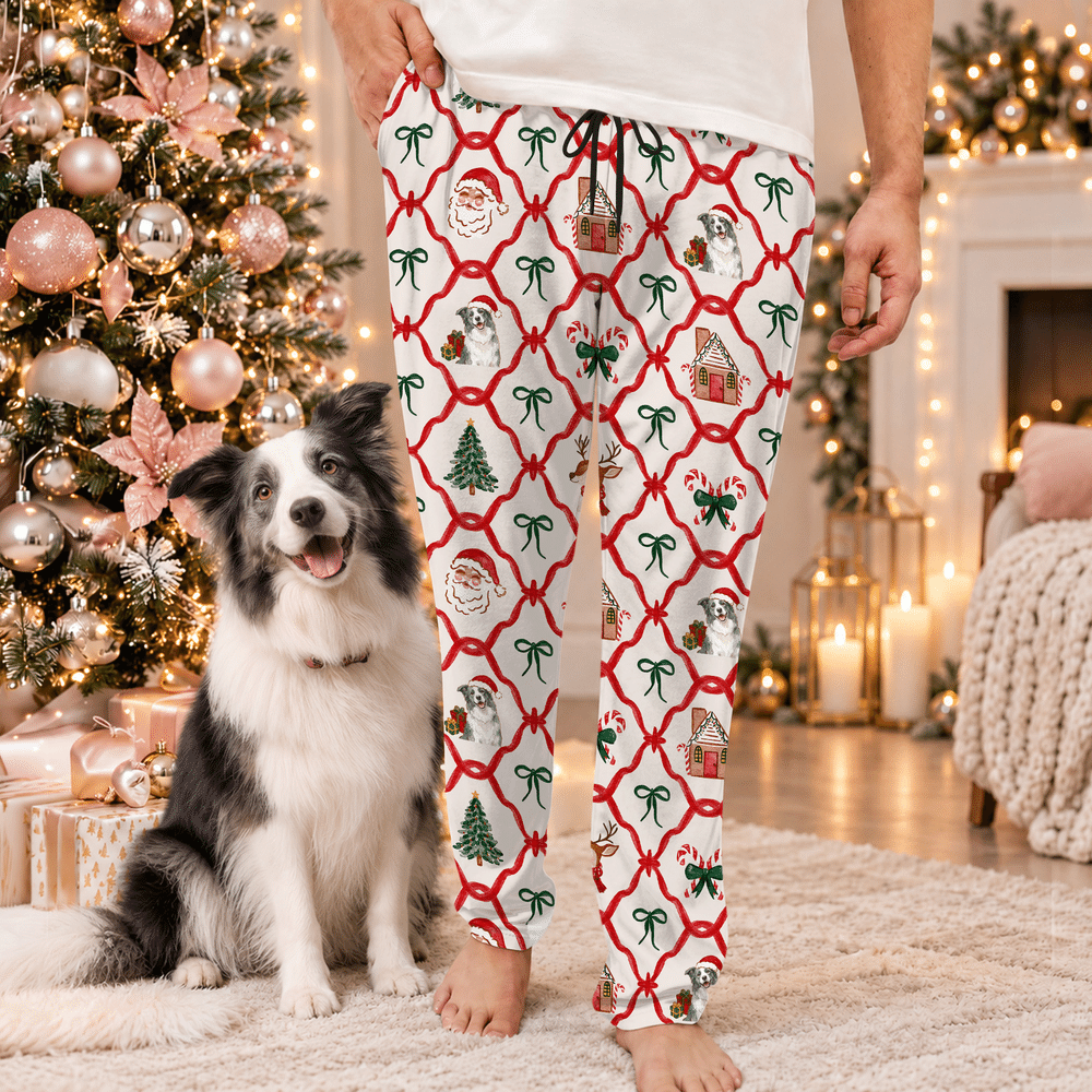Pantalones de pijama suaves con diseño de bastón de caramelo y gorro de Papá Noel personalizados, con cintura elástica. Regalo ideal para una reunión familiar navideña, para los amantes de las mascotas. 2