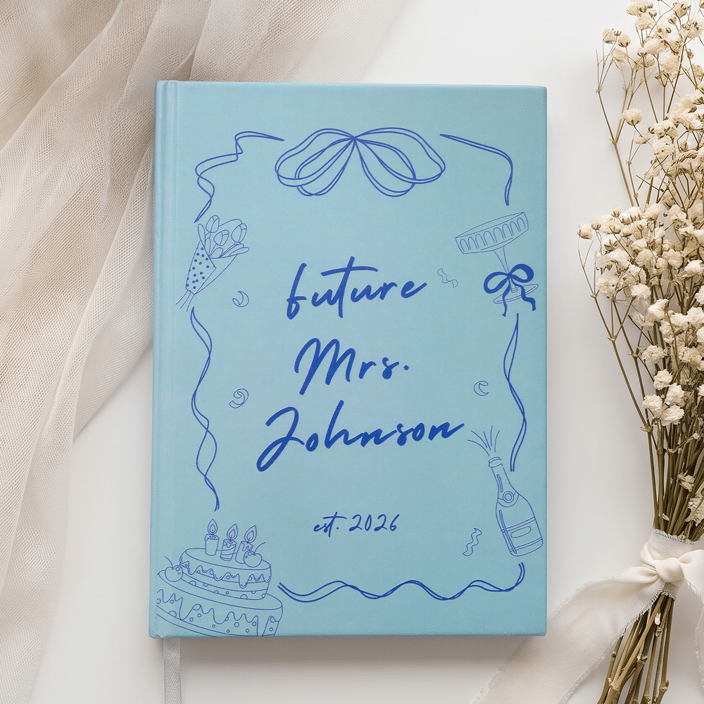 Personalised Bow Cake Flower Future Planning Mrs Hardcover Journal Notebooks with Name and Date Wedding Engagement  Bridal Shower Gift for Bride 4