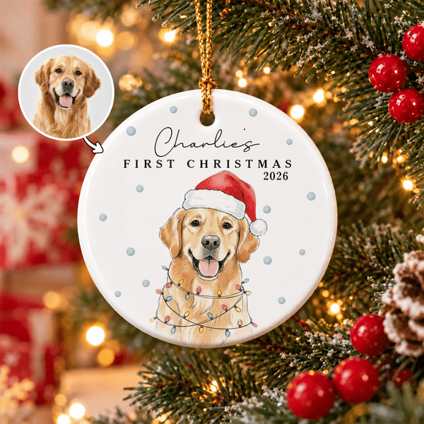 Adorno navideño de cerámica con forma de copo de nieve y retrato personalizado de tu mascota en acuarela, con nombre y año. Decoración para el hogar y regalo de Navidad para dueños de mascotas y familiares.