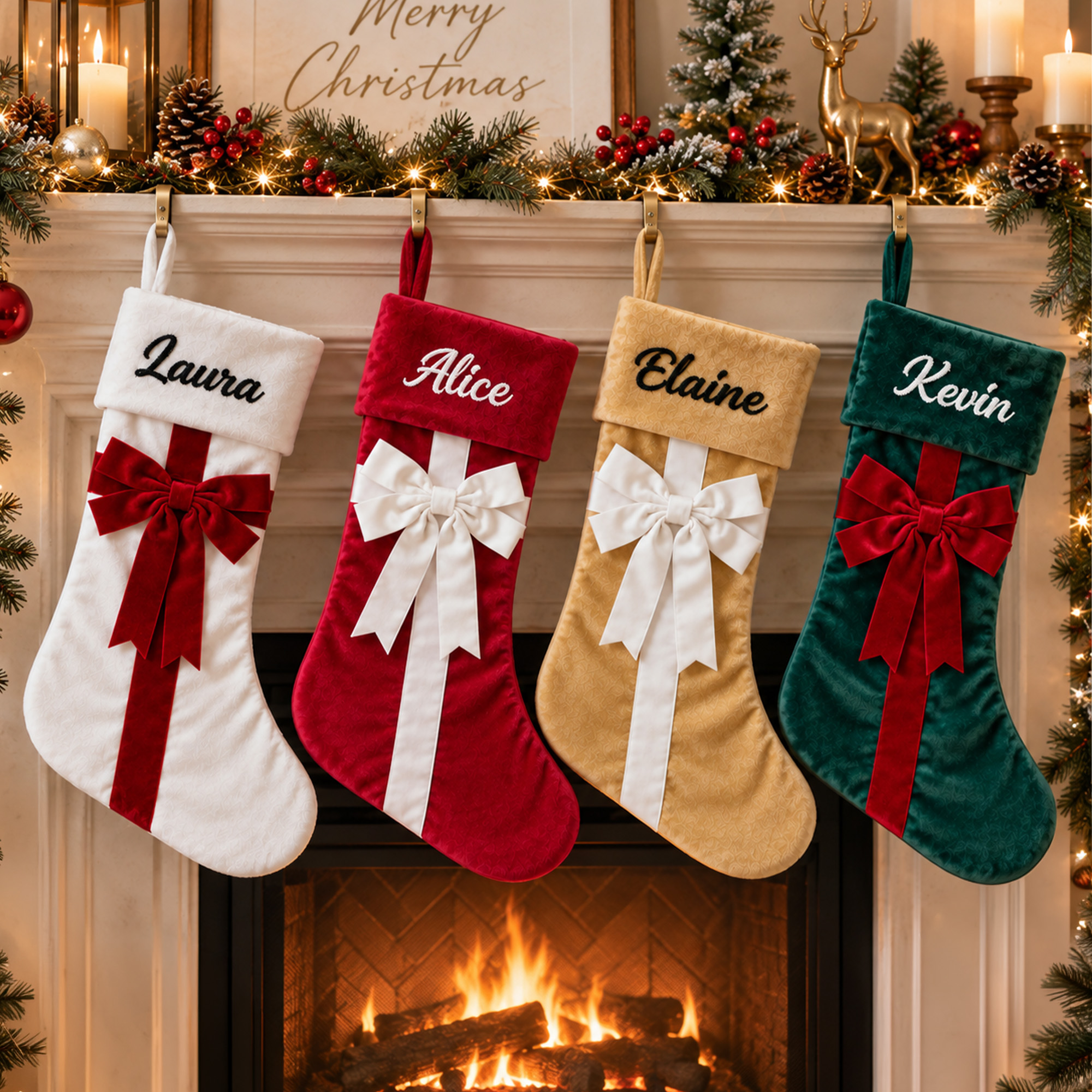 Personalized Embroidered Name Bow Christmas Stocking Holiday Tree Fireplace Decor Christmas Gift for Family