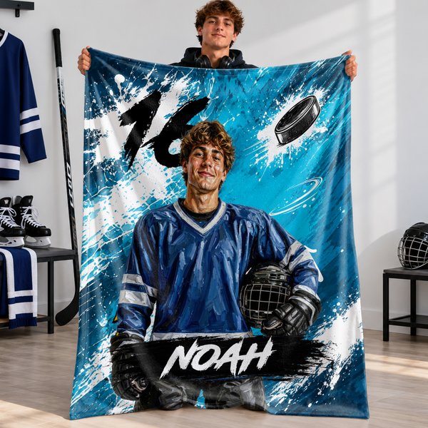 Personalized Graffiti Oil Painting Style Photo Soft Throw Blanket with Name Ice Hockey Club Birthday Gift for Ice Hockey Player Lover