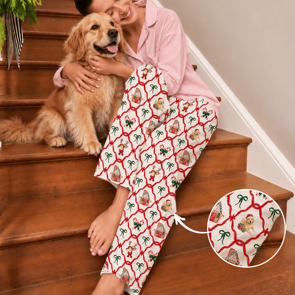 Pantalones de pijama suaves con diseño de bastón de caramelo y gorro de Papá Noel personalizados, con cintura elástica. Regalo ideal para una reunión familiar navideña, para los amantes de las mascotas. 6