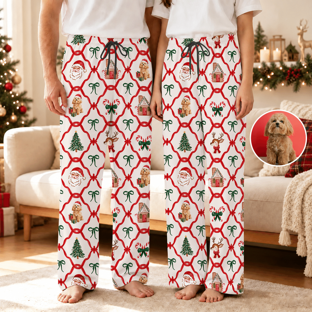 Pantalones de pijama suaves con diseño de bastón de caramelo y gorro de Papá Noel personalizados, con cintura elástica. Regalo ideal para una reunión familiar navideña, para los amantes de las mascotas. 1