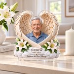 Placa de acrílico transparente personalizada con una foto de familiares y alas de ángel, con nombre, como regalo de condolencia por la pérdida de un padre, una madre o un familiar