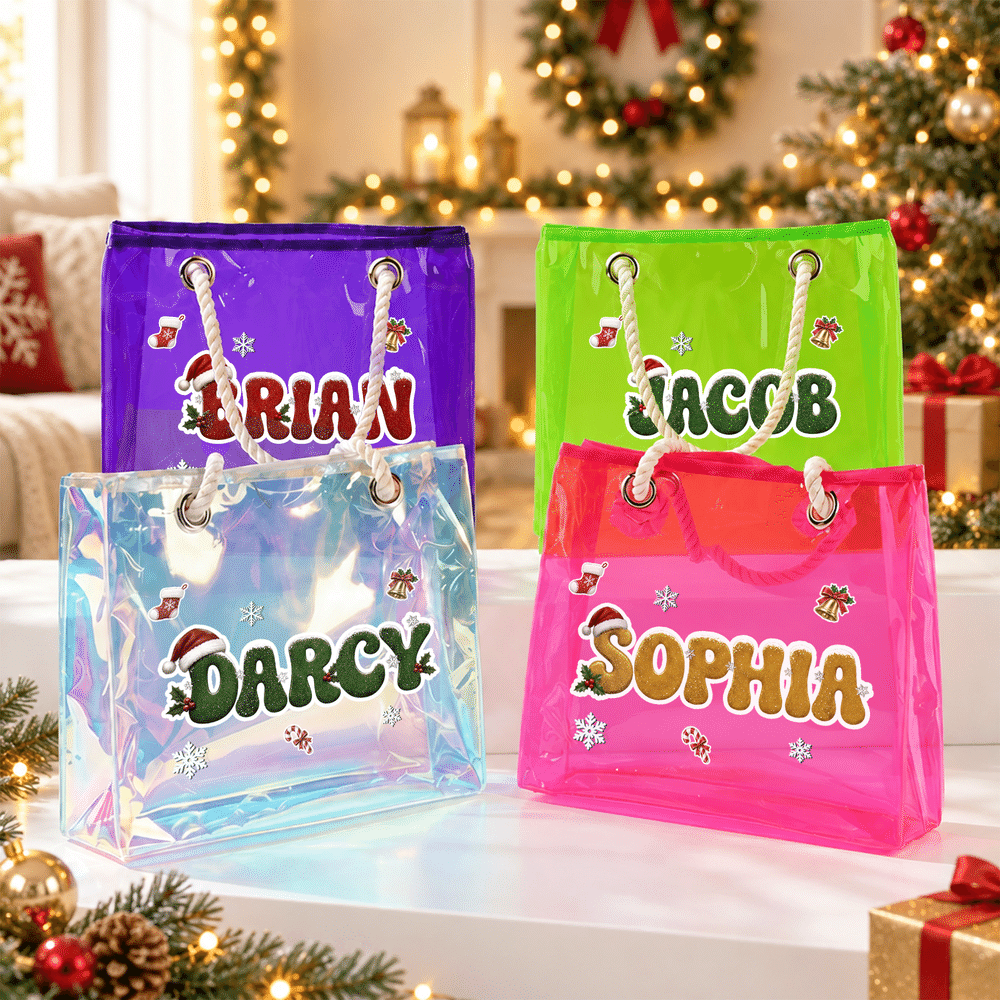 Borsa tote trasparente personalizzata a tema natalizio con fiocchi di neve, campanellino, lettere glitterate e effetto olografico, con nome: regalo di Natale per donne e ragazze 2