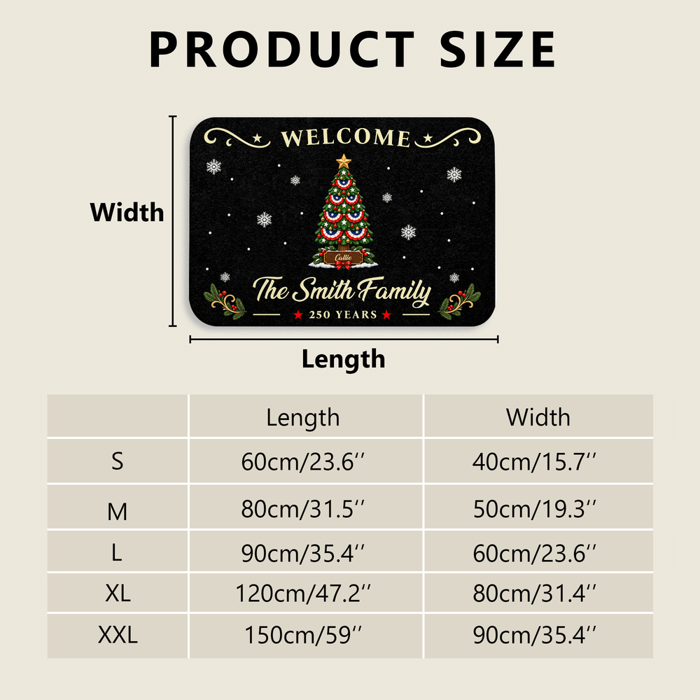 Felpudo de bienvenida personalizado «250 años» con árbol de Navidad en rojo, blanco y azul, con nombre y texto. Decoración para el hogar. Regalo de Navidad para la familia. 9