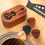 Personalised Guitar Pattern Wooden Guitar Pick and Magnetic Storage Case with Engraved Name Music Accessories Birthday Gift for Guitar Player