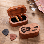 Personalised Guitar Pattern Wooden Guitar Pick and Magnetic Storage Case with Engraved Name Music Accessories Birthday Gift for Guitar Player