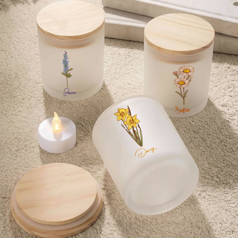 Portavelas personalizado de estilo retro con la flor del mes de nacimiento, vela LED y nombre; decoración de mesa, regalo de cumpleaños o Navidad para amigos, familiares y parejas 2