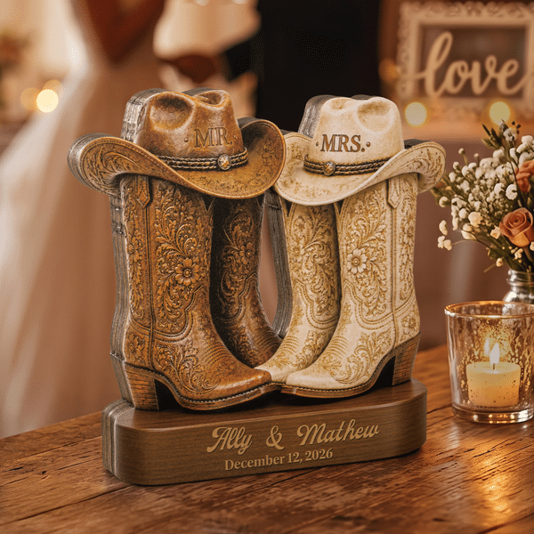 Personalised Western Cowboy Boots Mr and Mrs Layered Wooden Decoration with Name and Date Wedding Anniversary Gift for Bride Groom