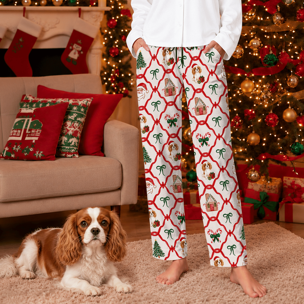 Pantalones de pijama suaves con diseño de bastón de caramelo y gorro de Papá Noel personalizados, con cintura elástica. Regalo ideal para una reunión familiar navideña, para los amantes de las mascotas. 5