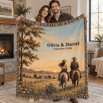Personalized Vintage Western-Style Soft Throw Tassel Blanket with Name and Date Wedding Anniversary Gift for Couples Newlyweds