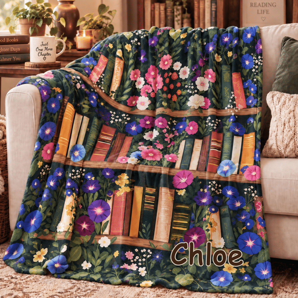 Personalized Vintage Birth Flower Bookshelf Soft Throw Blanket with Name Home Decor Birthday Gift for Book Lovers Readers 2
