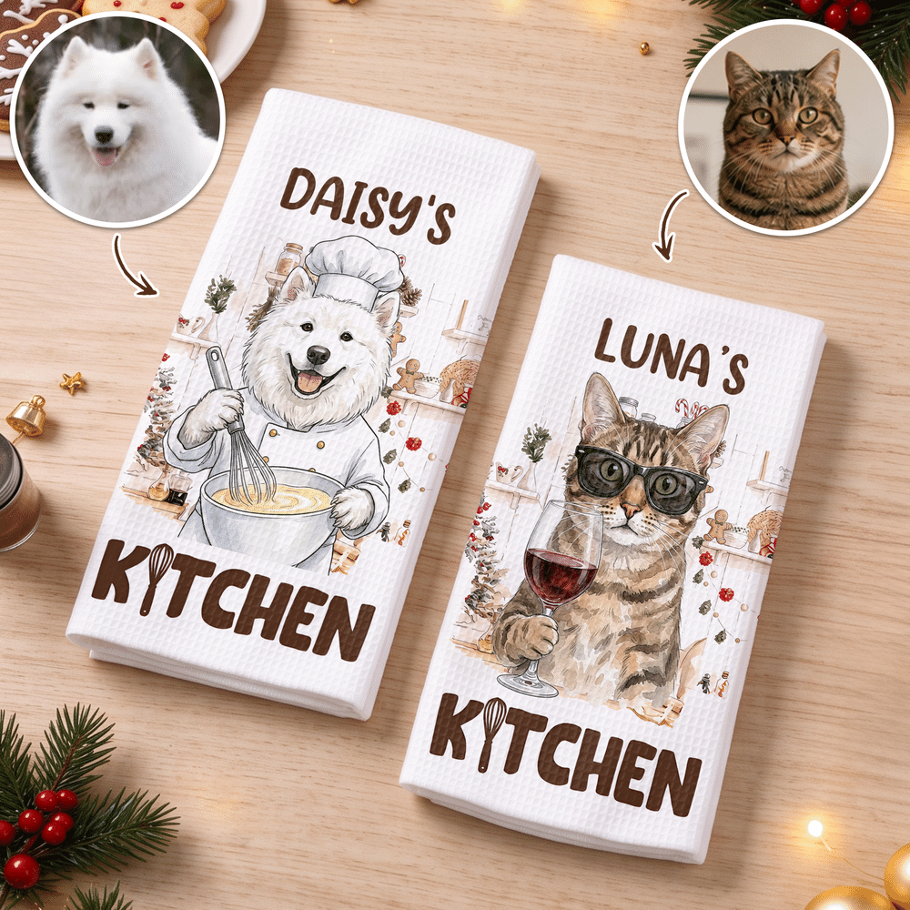 Personalised Watercolor Pet Portrait Kitchen Baking Theme Tea Towel with Name Daily Use Christmas Baking Gift for Pet Lover Chef 1