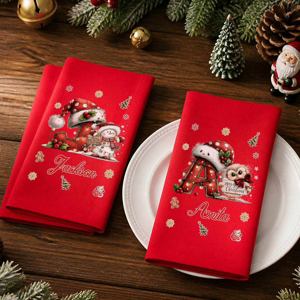 Personalized Hedgehog Fox Vintage Christmas Initial 100% Cotton Red Napkin with Name Table Decor Christmas Gift for Family Friends 5
