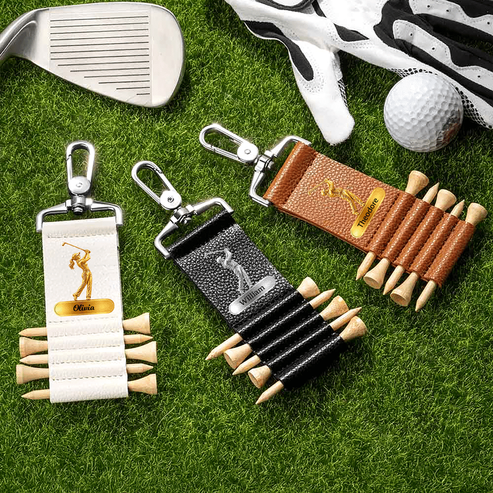 Personalized Golf Swing Pattern PU Leather Golf Tee Holder Bag Tag with Name and 5 Pcs Bamboo Tees Game Day Birthday Gift for Golf Lovers 2