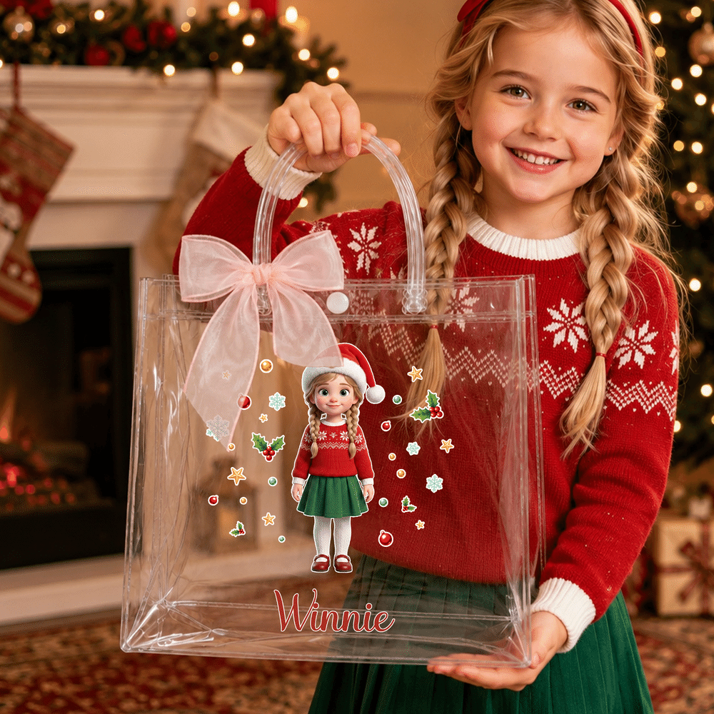 Personalized Snowflake 3D-Effect Artwork Cartoon Character Photo Transparent Bag with Name Christmas Party Gift for Kids Children 4