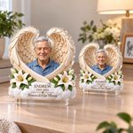 Placa de acrílico transparente personalizada con una foto de familiares y alas de ángel, con nombre, como regalo de condolencia por la pérdida de un padre, una madre o un familiar