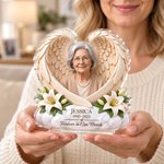 Placa de acrílico transparente personalizada con una foto de familiares y alas de ángel, con nombre, como regalo de condolencia por la pérdida de un padre, una madre o un familiar