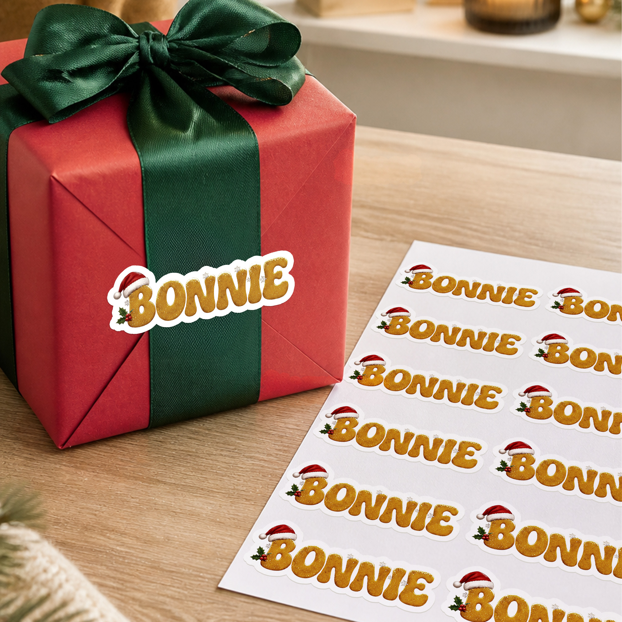 Individuell gestaltete, niedliche Weihnachtsmützen-Aufkleber mit Glitzerbuchstaben und Schneeflocken sowie Namensaufdruck – Geschenkdekoration, Weihnachtsgeschenk für Kinder und die Familie