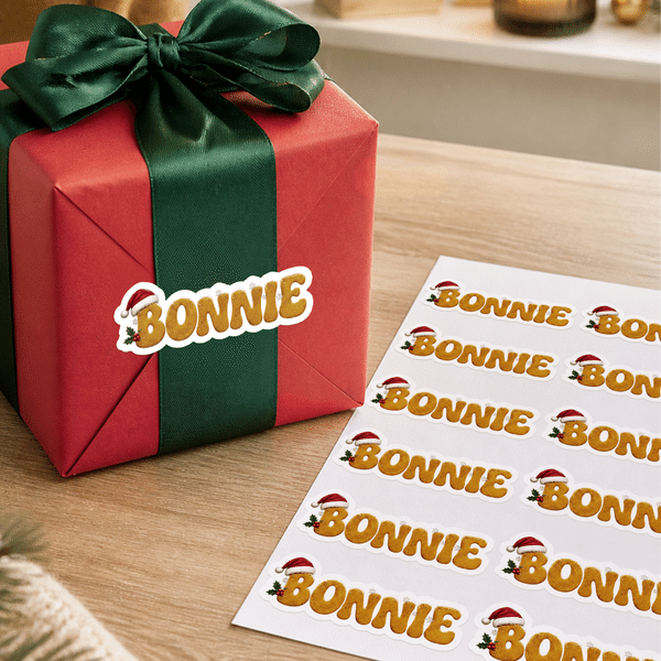 Pegatinas personalizadas de gorros navideños, letras brillantes y copos de nieve con nombre: decoración para regalos, regalo de Navidad para niños y familia