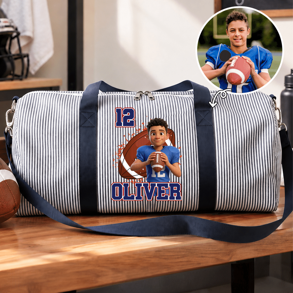 Personalized 3D-Effect Artwork Photo Striped Large Capacity Travel Bag with Name Number and Shoulder Strap Daily Use Birthday Gift for Sports Lovers 2